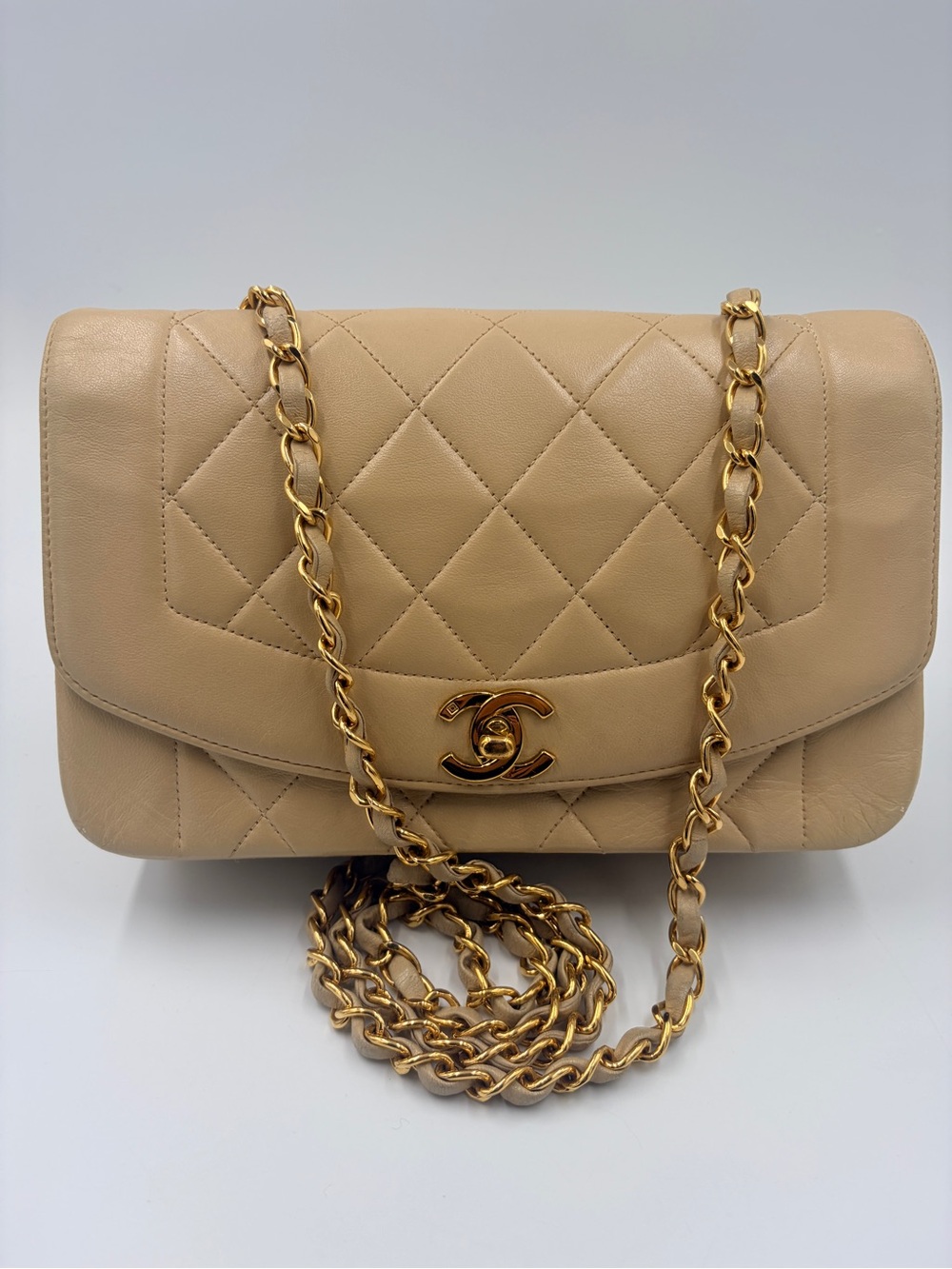 Authentic CHANEL Lambskin Small Diana Single Chain Single Flap Bag Beige